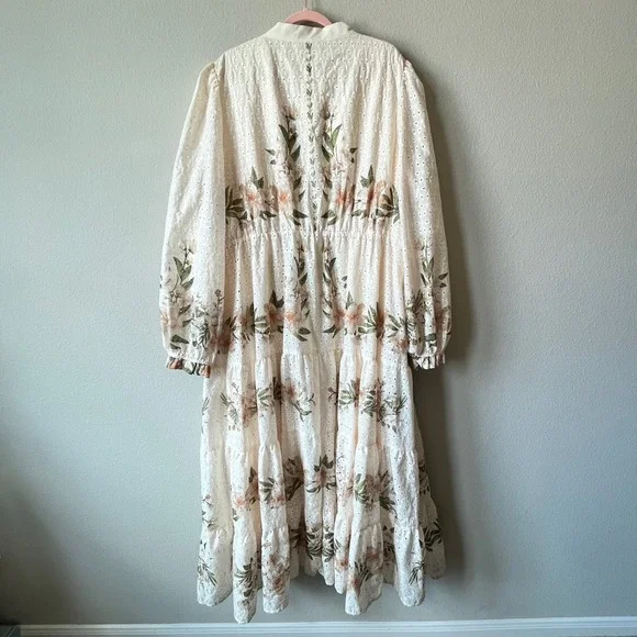 ANewsta Curve 4XL Ivory Floral Embroidered Eyelet Maxi Dress Long Sleeve Cottage - Picture 6 of 13
